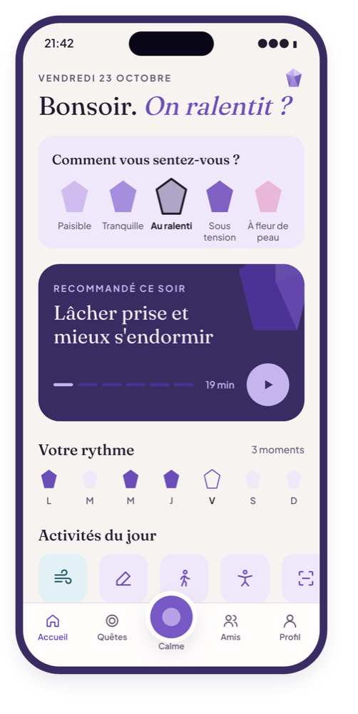 Écran d'accueil de l'application Amethy : l'humeur du jour en cinq pierres et la séance « Lâcher prise et mieux s'endormir » recommandée.